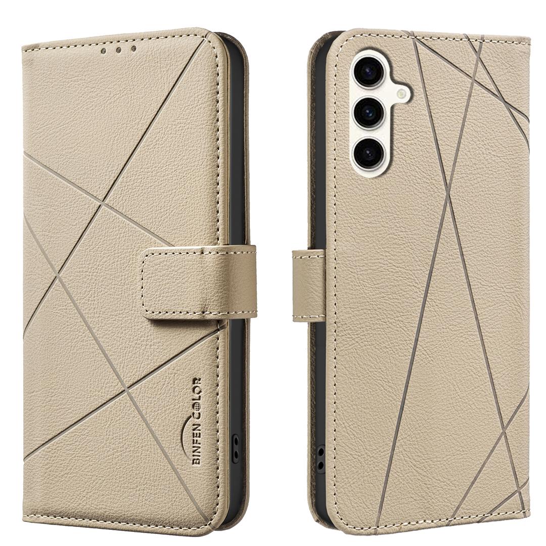 

For Samsung Galaxy M36 5G Case BINFEN COLOR BF35 Geometry Imprinted Leather Phone Cover RFID Blocking Wallet Stand Beige