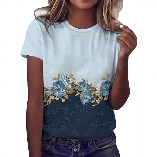 Summer Casual Style Round Neck Pullover Short Sleeved Top with 3D Floral Pattern Printed Women's T-shirts