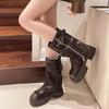 Top Quality Women's Winter Autumn Rivet Color Blocking Mid-Calf Side Zipper Thick High Heel Square Head Motorcycle Boots