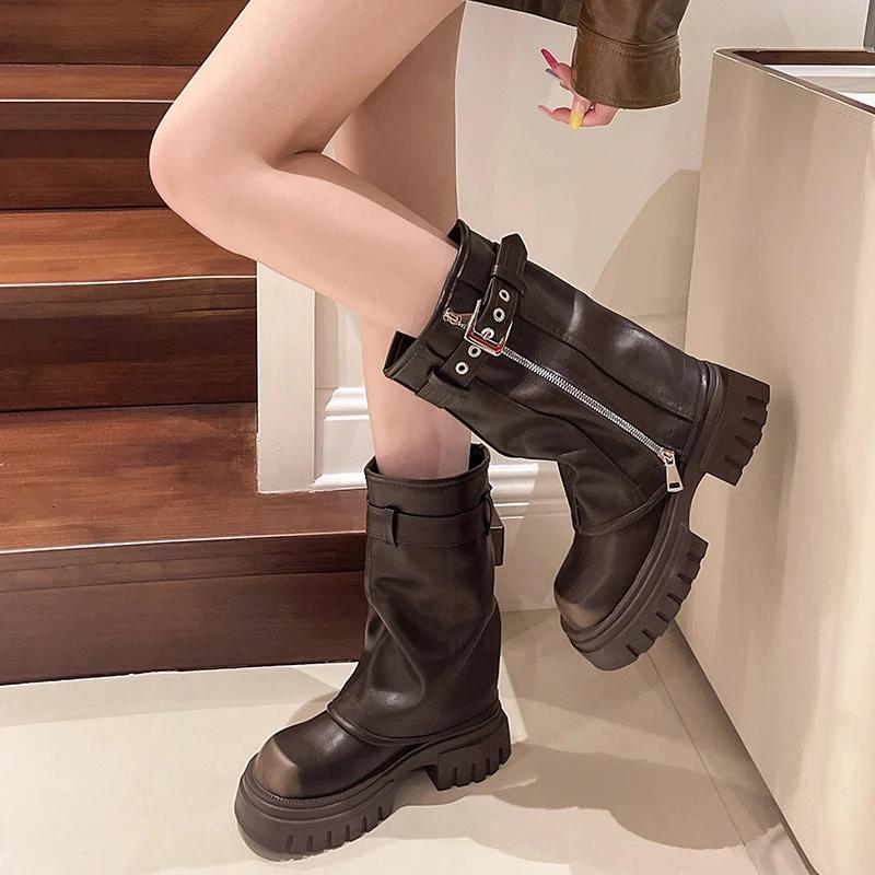 Top Quality Women's Winter Autumn Rivet Color Blocking Mid-Calf Side Zipper Thick High Heel Square Head Motorcycle Boots