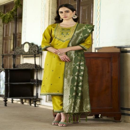 Radiant Olive Yellow Silk Kurta Set with Banarasi Mehendi Green Dupatta S