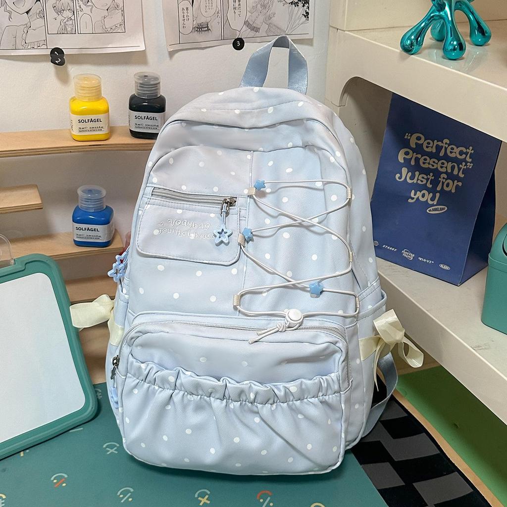Schoolbag low saturation sea salt light blue polka dot soft waxy sweet backpack pleated lace atmosphere student party schoolbag
