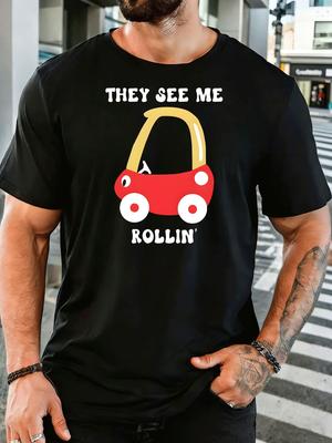 Men Navy Tee Funny Cartoon Toy Car They See Me Rollin Slogan Print Short Sleeve Loose Casual Ba
