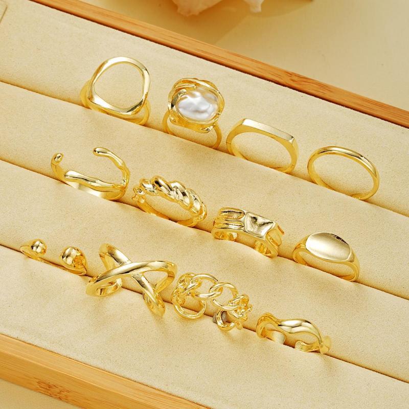 12Pcs/Set Retro Irregular Geometric Rings for Women Punk Alloy Metal Adjustable Finger Rings Set Fashion Statement Jewelry Party