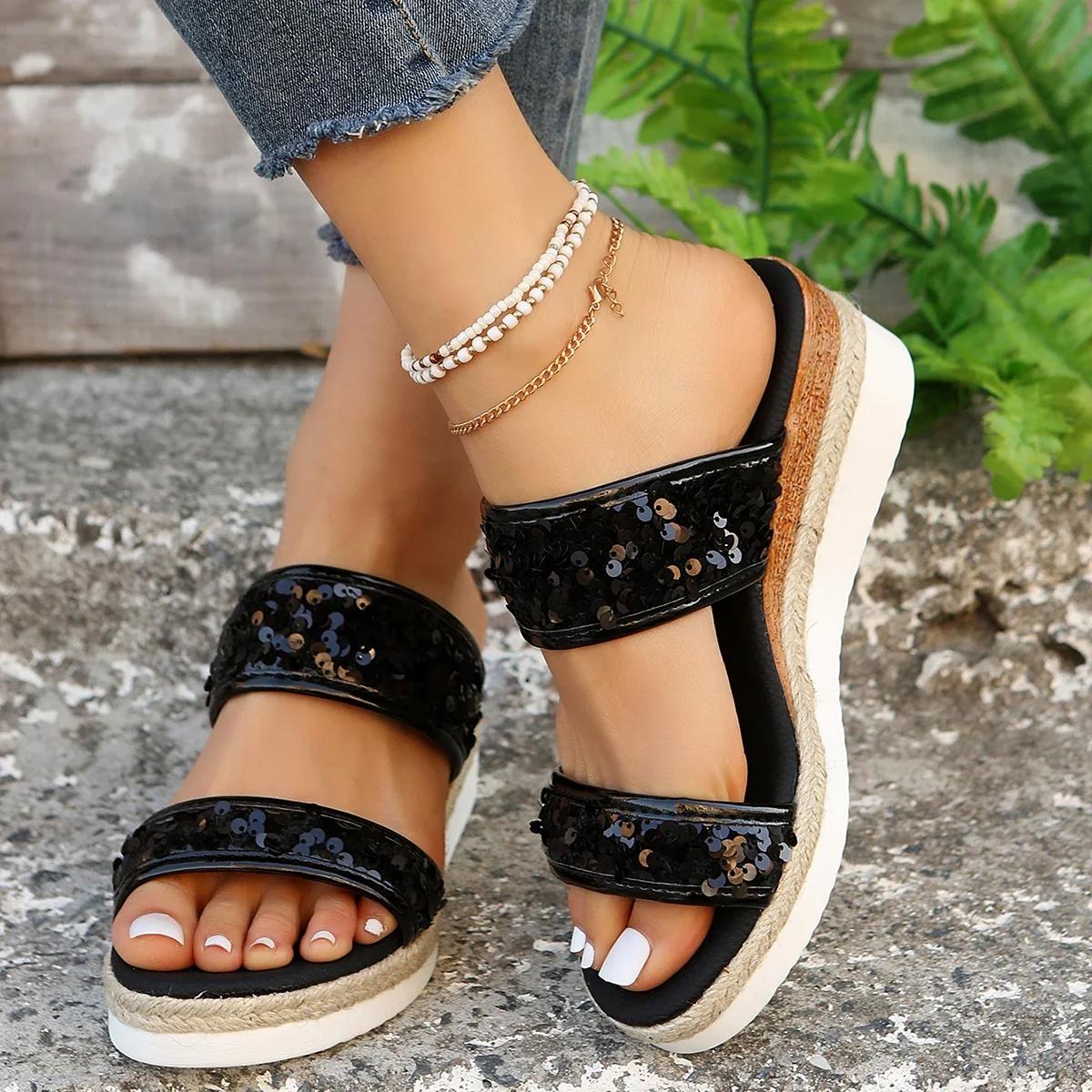 

Модные блестящие босоножки на танкетке для женщин, лето 2024, пляжная мода, толстые серебристые тапочки на платформе, женские босоножки на каблуках 43 36 чёрный