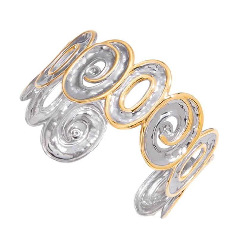 

Элегантный браслет с открытым концом, фактура молотка, двухцветная нержавеющая сталь, витой полый дизайн, ювелирное изделие для повседневного ношения