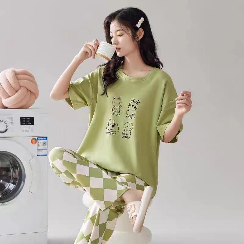 Summer Pure Cotton Pajamas Women's Pullover Sweet Casual Short-sleeved Cropped Pants Can Be Worn Outside Loungewear Student Dormitory Set
