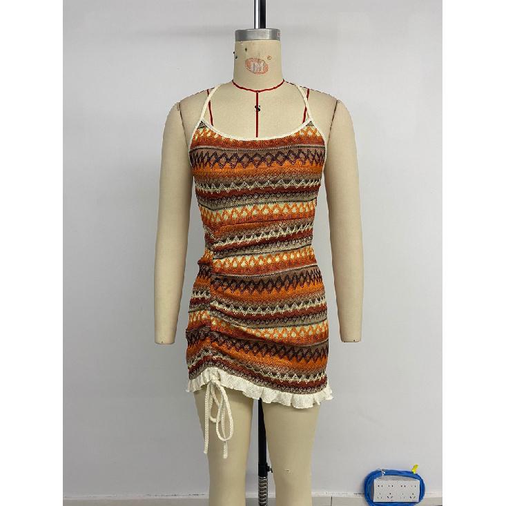 Summer New Women'S Beach Vacation Dress With Suspender Straps Colorful Stripes Knitted Drawstring Backless Strap Dress