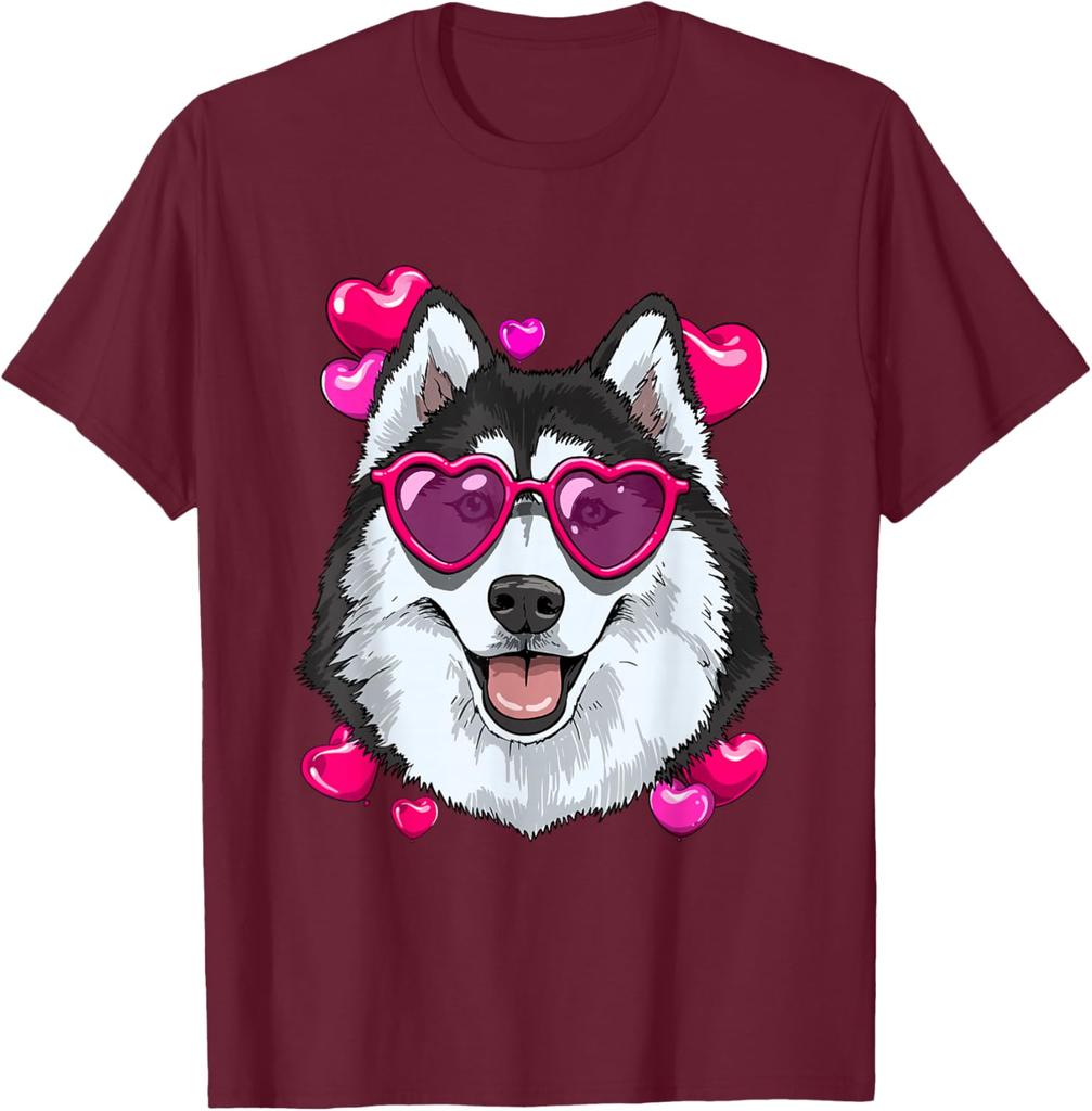 Husky Dog Heart Sunglasses Valentines Day Graphic Tee Soft Cotton Casual Short Sleeve Shirt