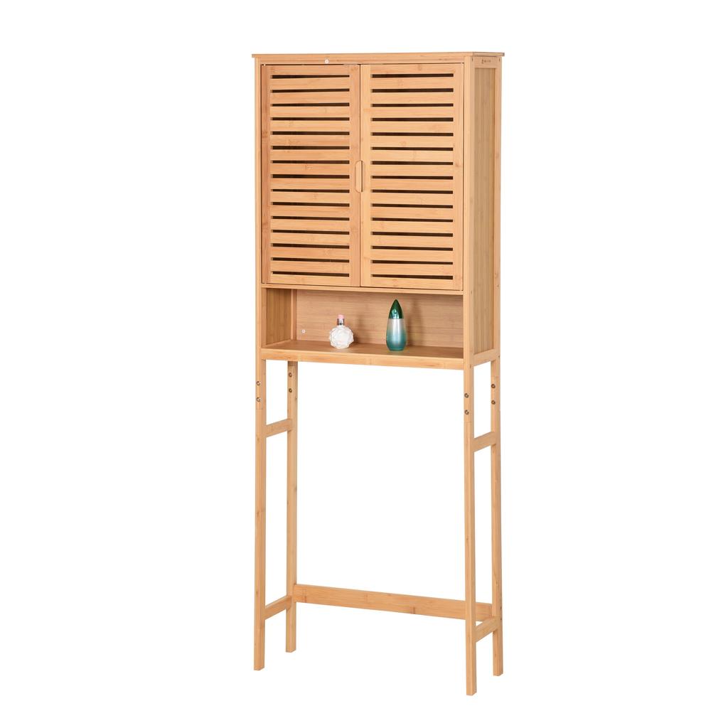 Badezimmerschrank über Waschmaschine mit Regalen, Freistehend, Abschließbar, Bambus, 170X66X23Cm