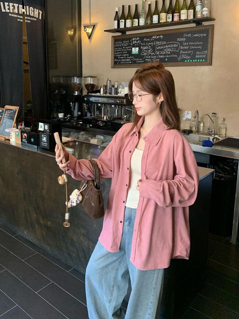 Korean Style Gentle Pink Turn-Down Collar Long Sleeve Slimming Shirt for Women – Spring & Autumn Loose Fit Top.