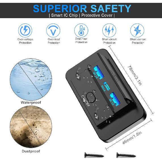 2PCS 3 Ports 12V RV USB Outlet 72W, Gibbab Dual USB QC3.0 36W & PD3.0 Type-C Quick Charge 36W Panel Wall Mount, Automotive Car USB Socket Charger