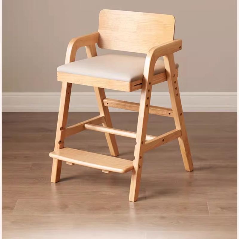 Adjustable Kids Study Chair, Solid Wood Baby High Chair with Soft Backrest, Anti-Tip Dining Stool with Footrest, Ergonomic Seat