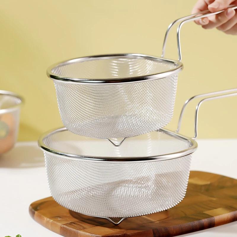 Deep Large Stainless Steel Food Filter Colander D Shape Flour Sieve Long Handle Cooking Pasta Strainer for Vegetables Kitchen