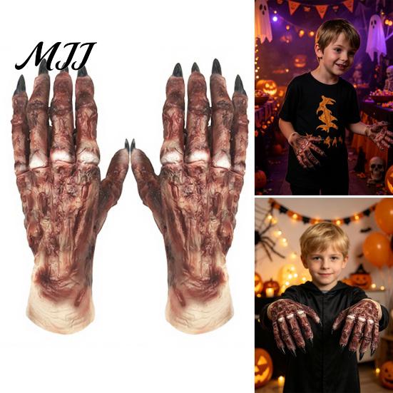 Full Finger Latex Costume Hands 1 Pair Halloween Gloves for Adults Kids, Horror Zombie Accessories Gloves, Scary Ghost Hand Cosplay Accessory