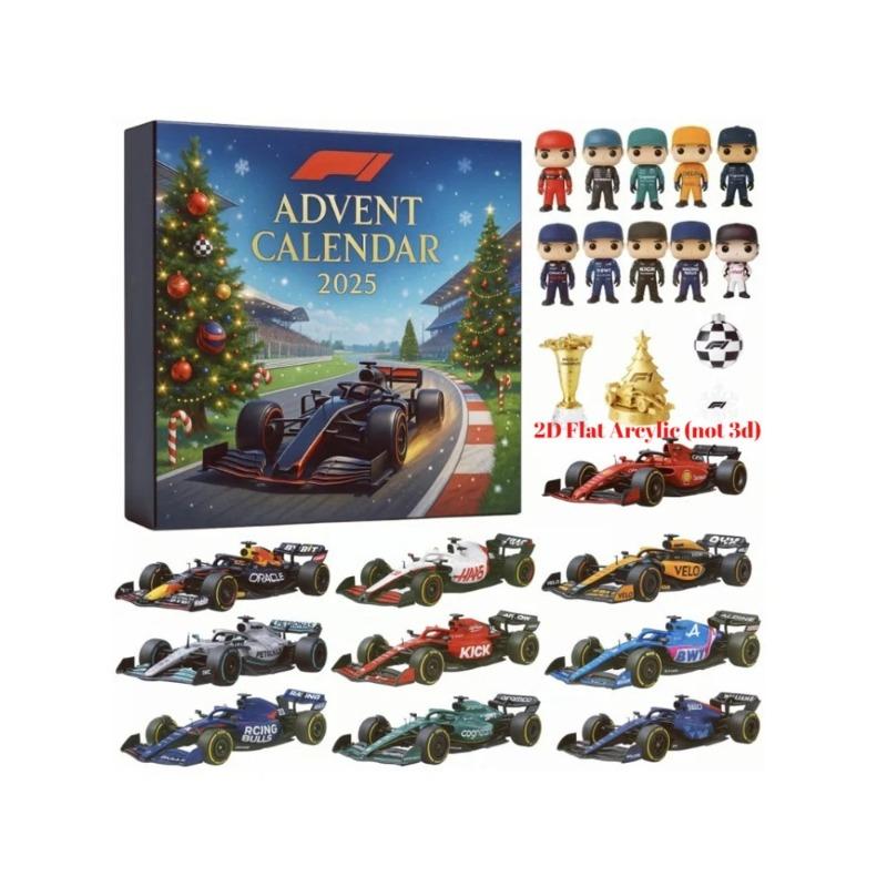 

Гоночный рождественский адвент-календарь 2025, 24 дня до Рождества, коллекционные 2D украшения гоночной команды, праздничные подарки для фанатов, мальчиков, девочек серый