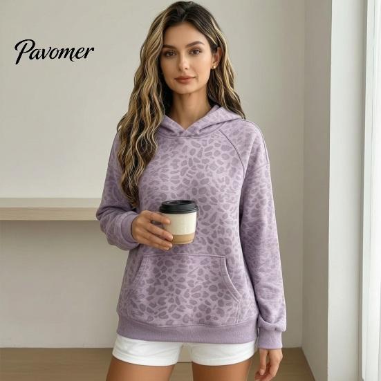 Sweatshirt with Front Pocket Women Leopard Print Hoodie, Oversized Drop Shoulder Hooded Pocket, Hoodie Long Sleeve Loose Casual Pullover Top