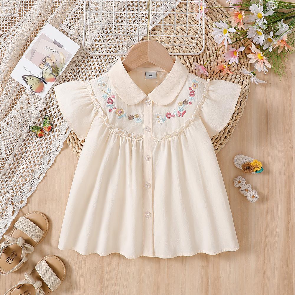 Kids 100% Cotton Fly Ruffle Sleeve Blouse 2-8 Years Floral Embroidery Doll Collar Girls Button Shirt Summer Casual Tops 90