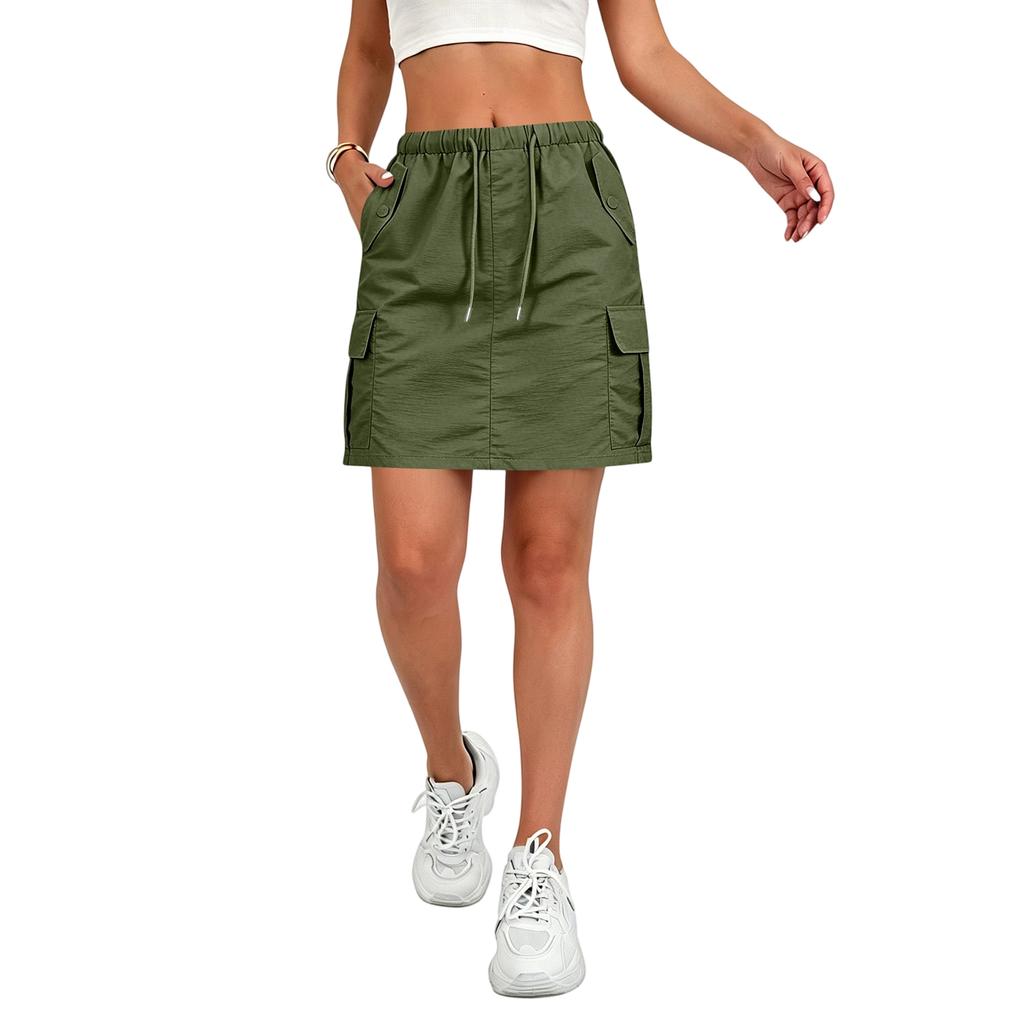Women's Casual Mini Skirt with Drawstring Waist and Pockets Utility Style Lightweight Workwear Skirt Suitable for Everyday Wear