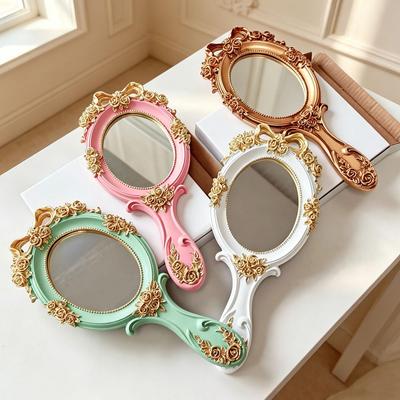 European Retro Oval Handheld Mirror - Ancient Style Golden Finish