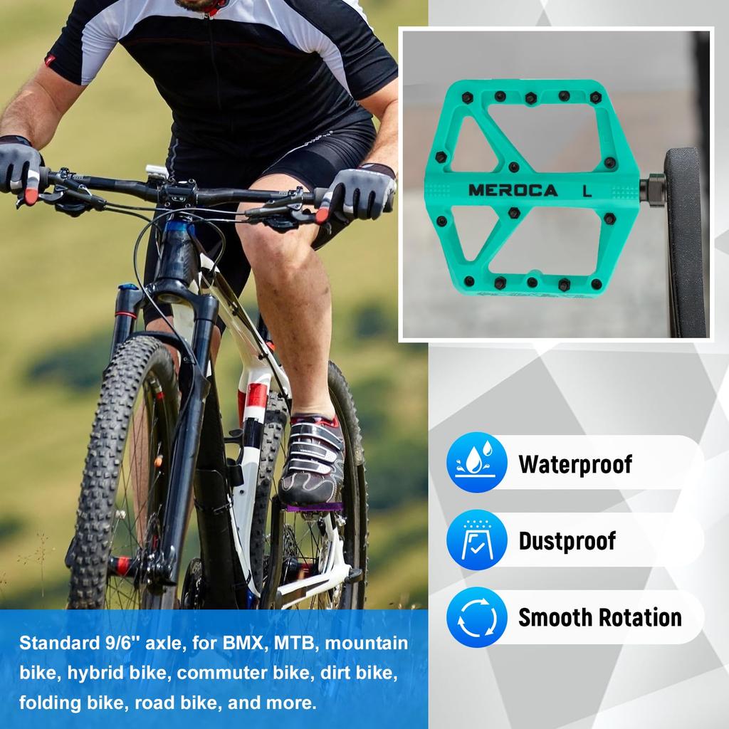 TINGSING Mountain Bike Pedals MTB Road Nylon Fiber Bicycle Lightweight Wide Flat Platform Cycling MTB Accessories Double Sided Pins Turquoise Non-Slip