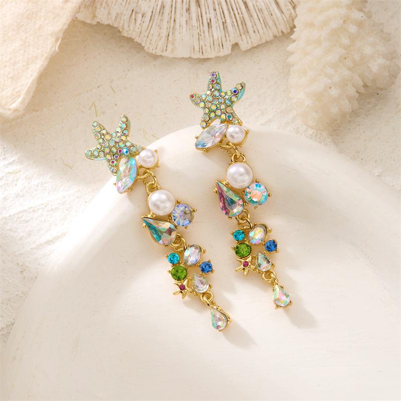 Colorful Zircon Starfish Long Tassel Dangle Earrings for Women Bohemian Coral Shell Earrings Summer Beach Party Jewelry