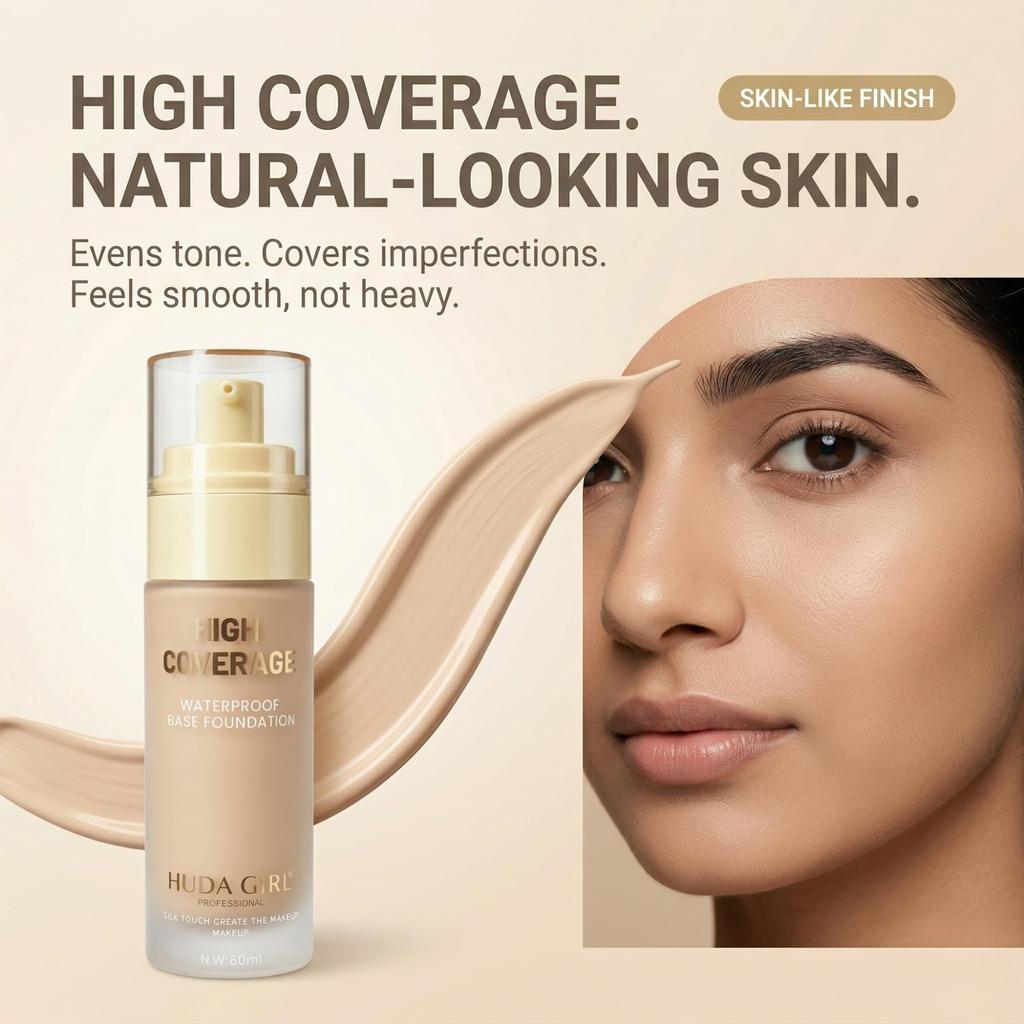 Huda Girl Liquid Foundation for Women Shade 2, Full Coverage Waterproof Foundation Makeup for Oily, Dry & Combination Skin, Longwear Smooth Base,