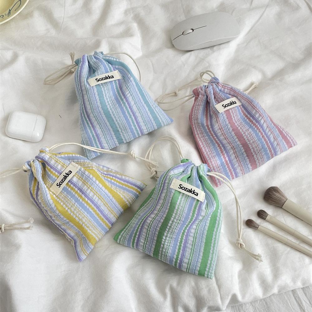 Cute Striped Polyester Drawstring Pouch Travel Makeup Organizer Bag for Cosmetic Lipstick Key Credit Card Holder Case Coin Purse