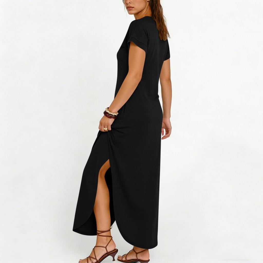 Women's Color Casual Fashion Short Sleeved V-neck Dress