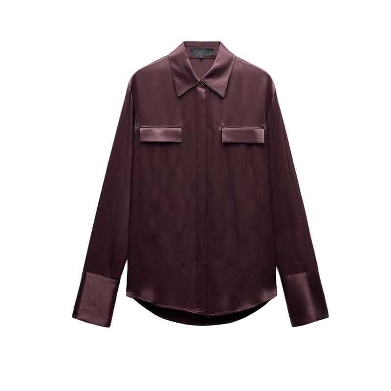 Fall and Winter New Women's Clothing Fashion Air Outlet Pocket Decoration Silk Satin Texture Lapel Long Sleeve Shirt Tops 8987213