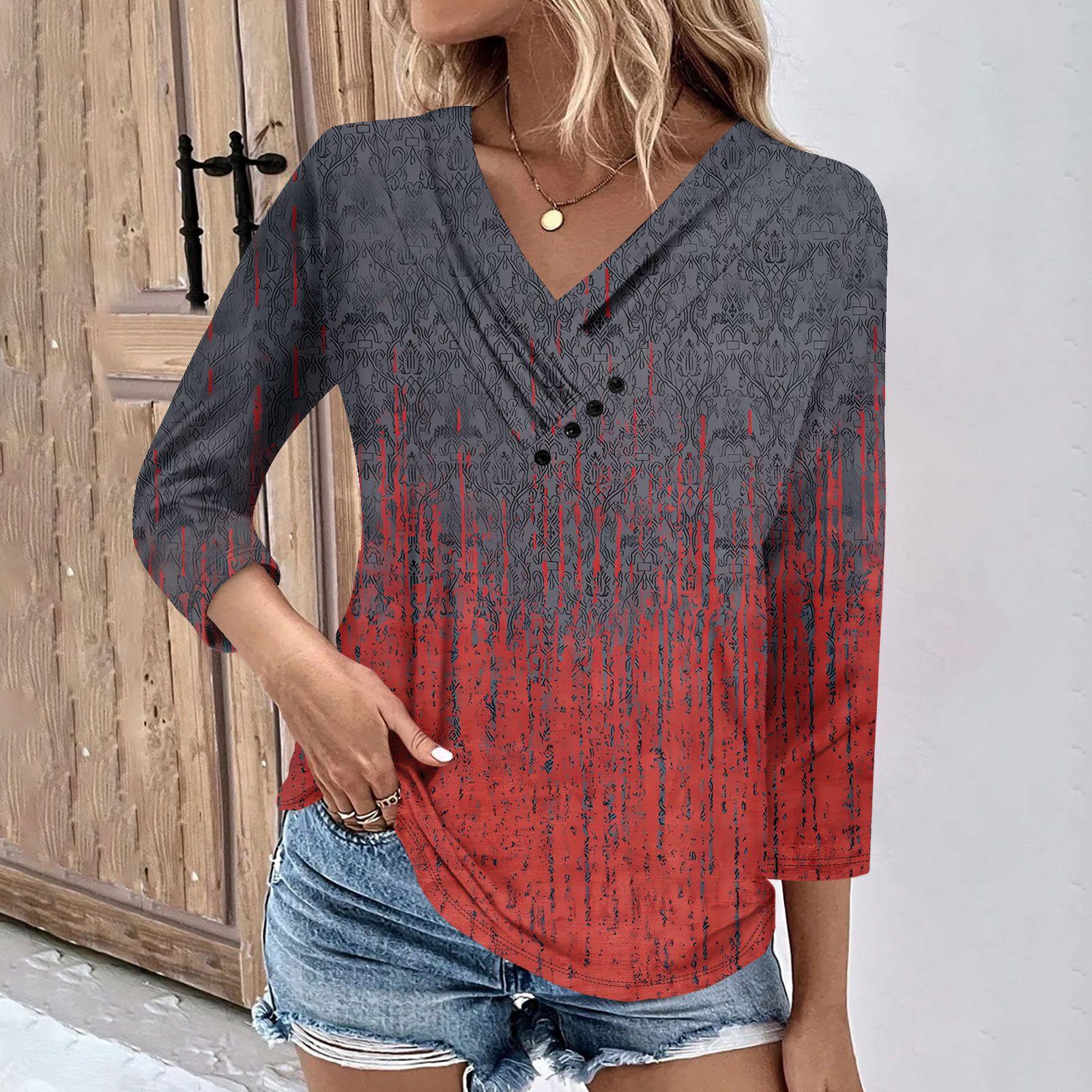 

Женские повседневные футболки с рукавом 3/4 для выходных с V-образным вырезом и принтом, свободные плиссированные футболки, женская блузка XL винный