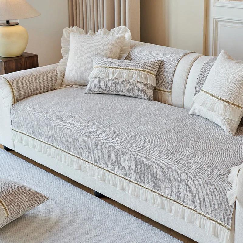 Four Seasons Universal Light Luxury High-grade Solid Color Ruffled Cushion Non-slip Sofa Cover Cloth Jacquard Sofa Cushion