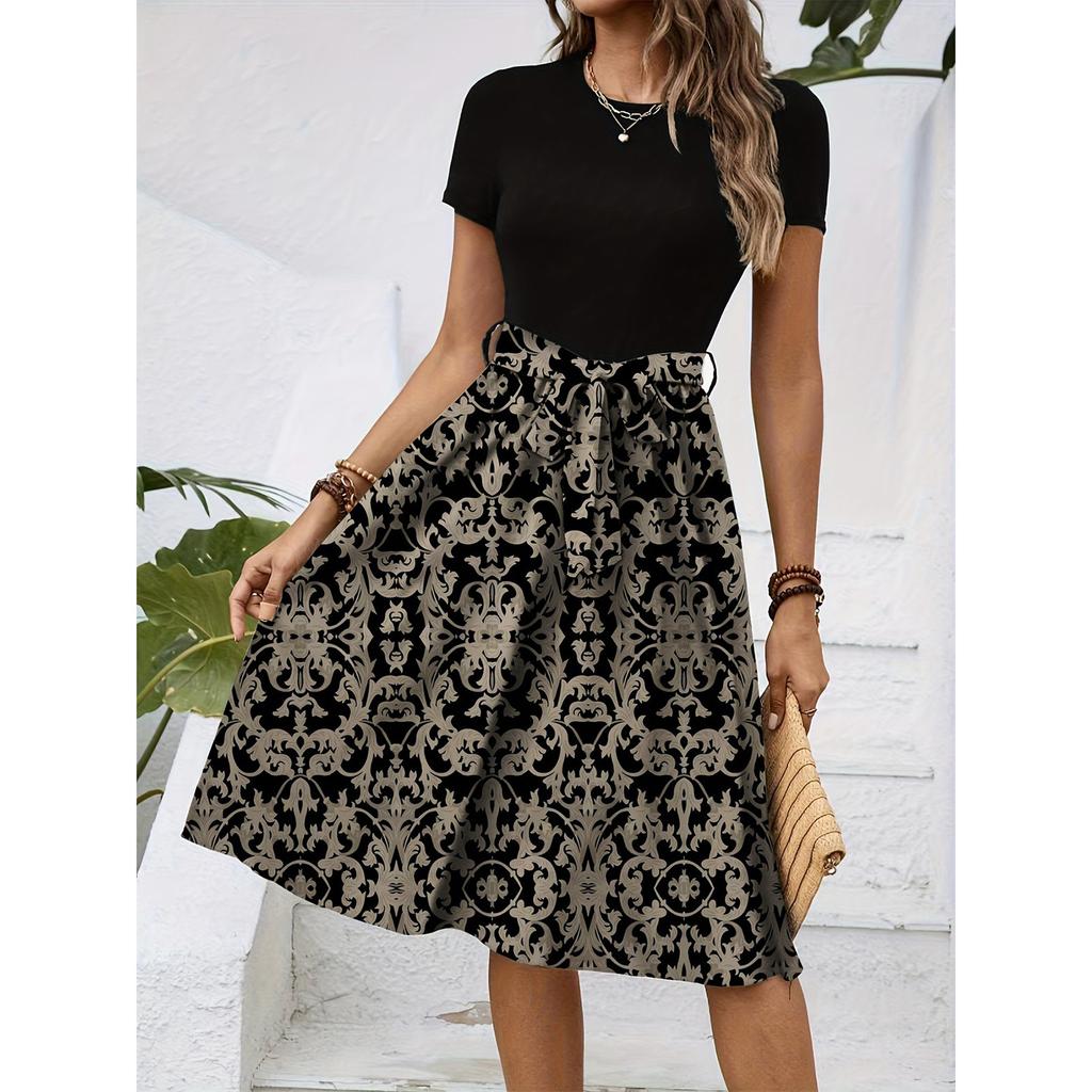 Kadın Modası Şık Retro Desenli Baskı Renk Bloklu Kemerli Günlük Elbise