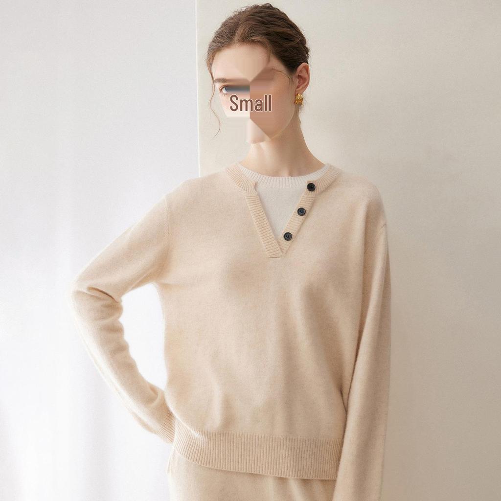 2026 A/W Women's Pure Cashmere Color Block Round Neck Two-Piece Knit Pullover Sweater
