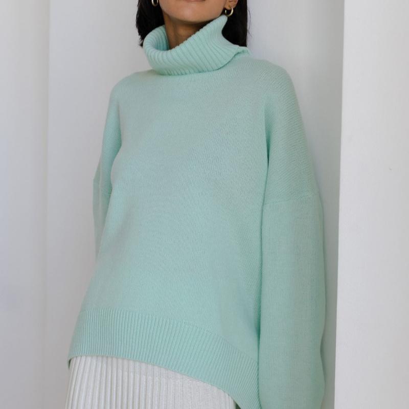 Nuovo Pullover Casual a Manica Lunga in Maglia Liscia Autunno Donna Inverno Spesso Morbido Collo Alto Pullover Maglioni Donna Moda Maglieria Morbida Jumper 24913
