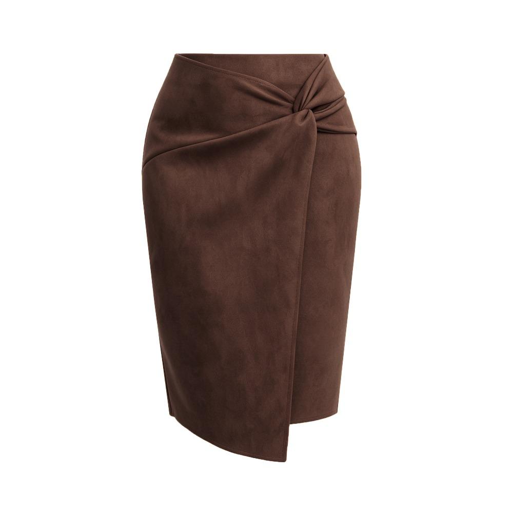 Women's Solid Color Irregular Suede Zipper Skirt High Waisted Buckle Wrapped Hip Twisted Elastic Knot Short Skirt Middle Skirt