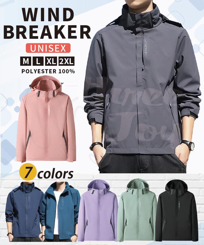 Three Joy Men's Windbreaker, Raincoat, Rainwear, Blouson, Mountain Parka, Windproof Jacket, Black, Size 2XL