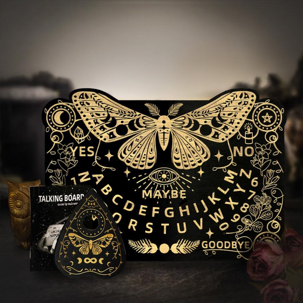 Wooden Spirit Board Kit Tarot Card Stand Holder Moth Divination Board Set with Planchette Black Altar Card Display Stand Rectangle Talking Board