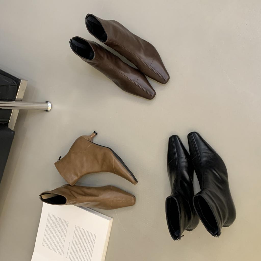 2025 Autumn New Round Head Stiletto Rear Zipper Soft Leather Chelsea Martin Women's Short Boots