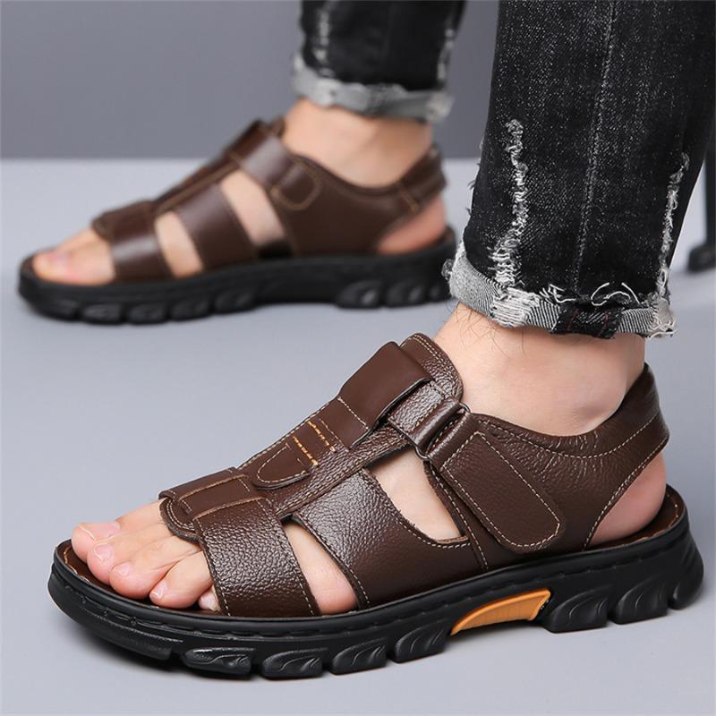 Fashion Sandals for Men High Quality Cowhide Leather Sandals Fashion Casual Beach Shoes Summer Peep Toe Men Flat Sandals Chanclas Hombre
