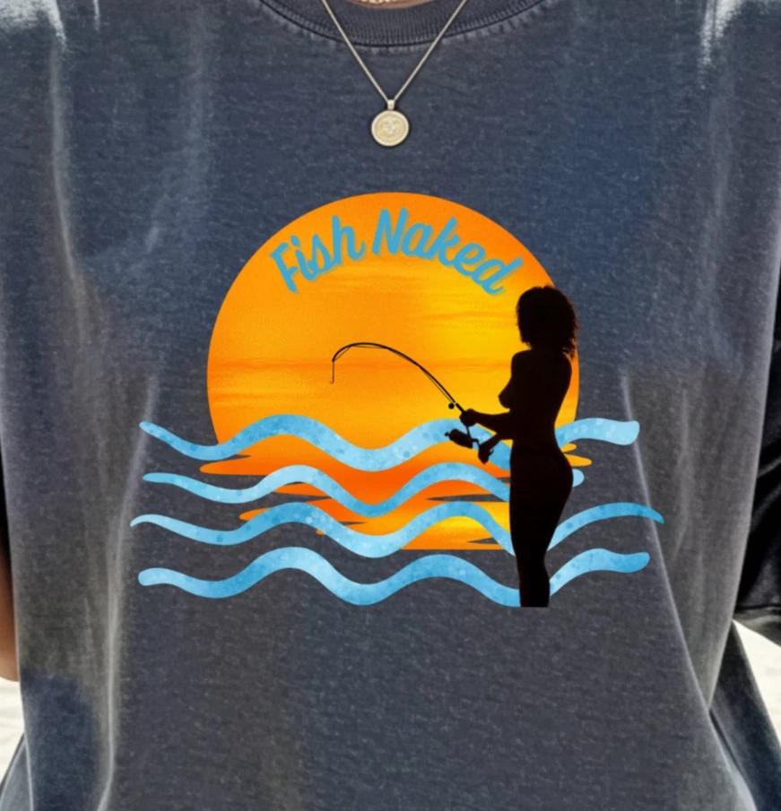 Fish Naked Tee | Sunset Fishing silhouette T-shirt, Nudist Fisherman Shirt S