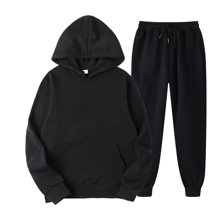 Men's And Women's Solid-color Casual Set. Men's Long-sleeved Hooded, Fleece And Thickened Sweatshirt And Pants Two-piece Set