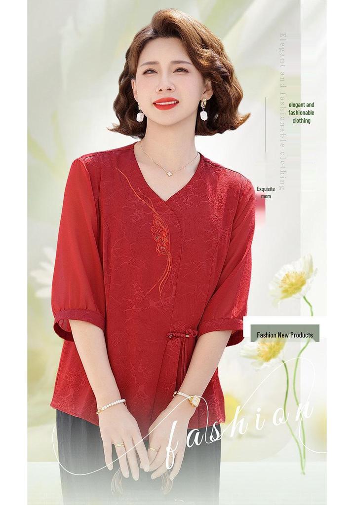Elegant Chiffon Seven-Sleeve Top for Mom - Dignified & Stylish Summer Wear for Middle-Aged & Elderly Women