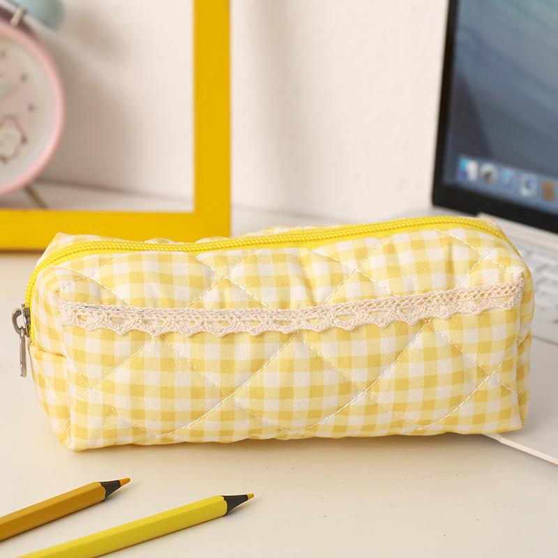 Large Capacity Pen Bag Sweet Plaid Lace Pencil Case Portable Student Stationery Storage Bag Girly Cosmetic Bag Gifts