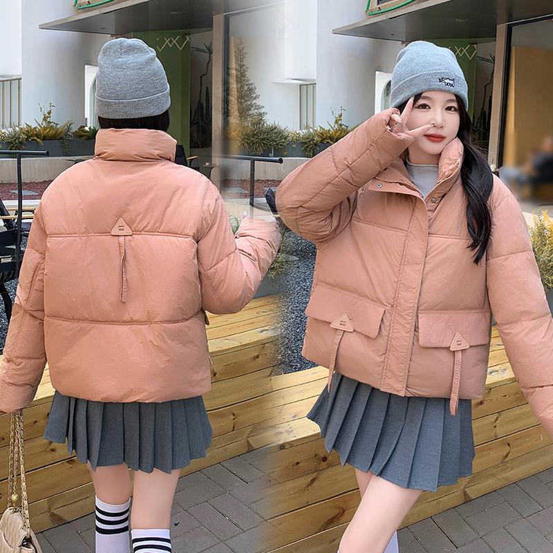 Women Autumn Winter Big Pocket Solid Color Thicken Outwear Cotton Padded Stand Collar Warm Short Jacket Coat