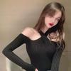 Sexy off-the-shoulder cross-neck red ladies sweater, short tight-fitting top for autumn and winter1781#