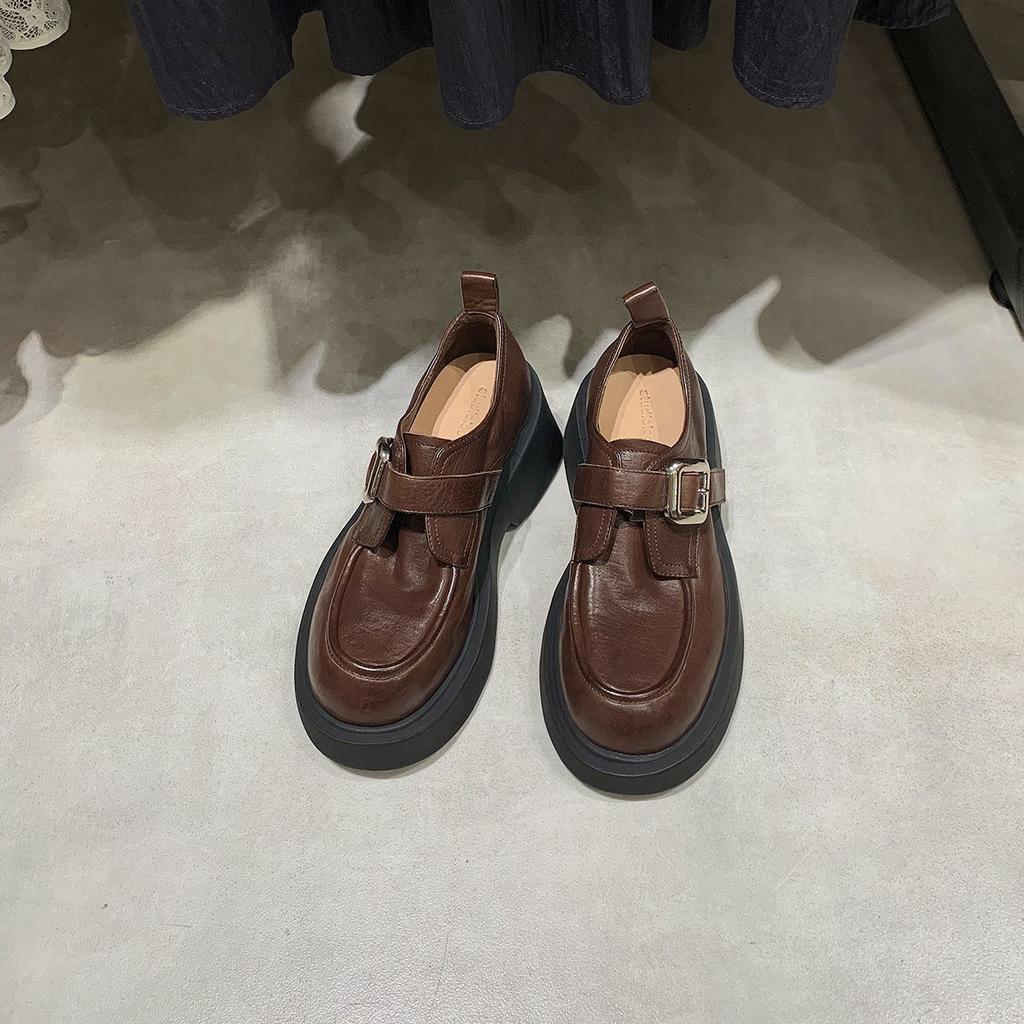 Sheepskin washed leather round head British one-pedal small leather shoes women's muffin single shoes platform lazy retro loafers