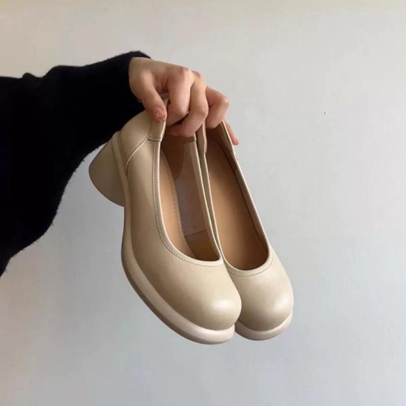 Sheepskin version~ retro shallow leather single shoes women's round head thick heel one pedal Mary Jane shoes small leather shoes