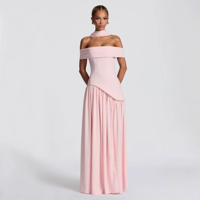 Damen Schulterfrei Einfarbig Rückenfrei Hoher Schlitz Sexy Langes Kleid L rosa