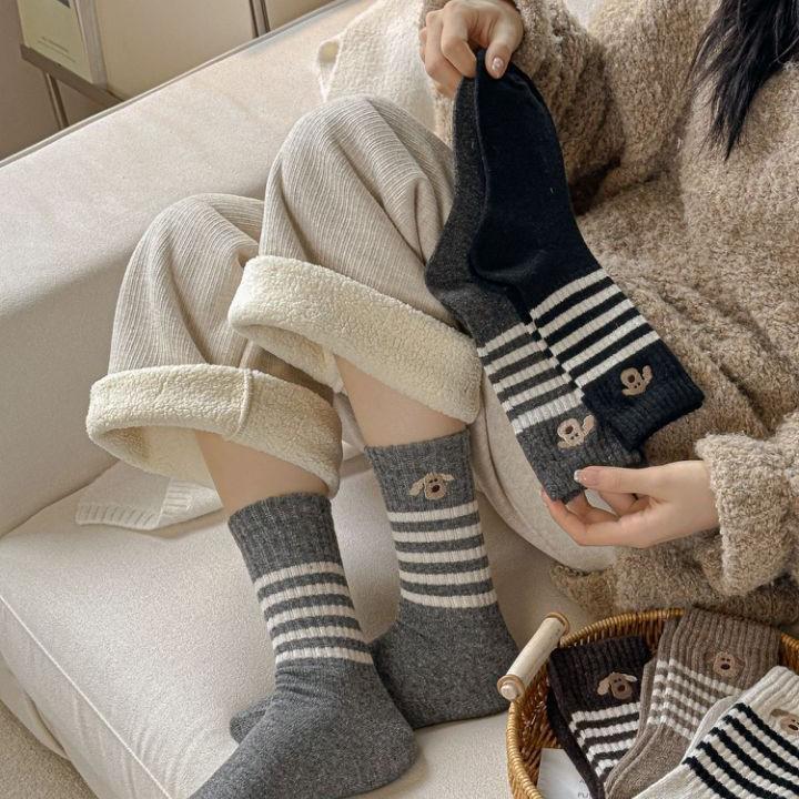 Women's Wool Striped Mid-Tube Socks - Cute Cartoon Puppy Embroidered, Warm Velvet, Thick for Autumn/Winter.